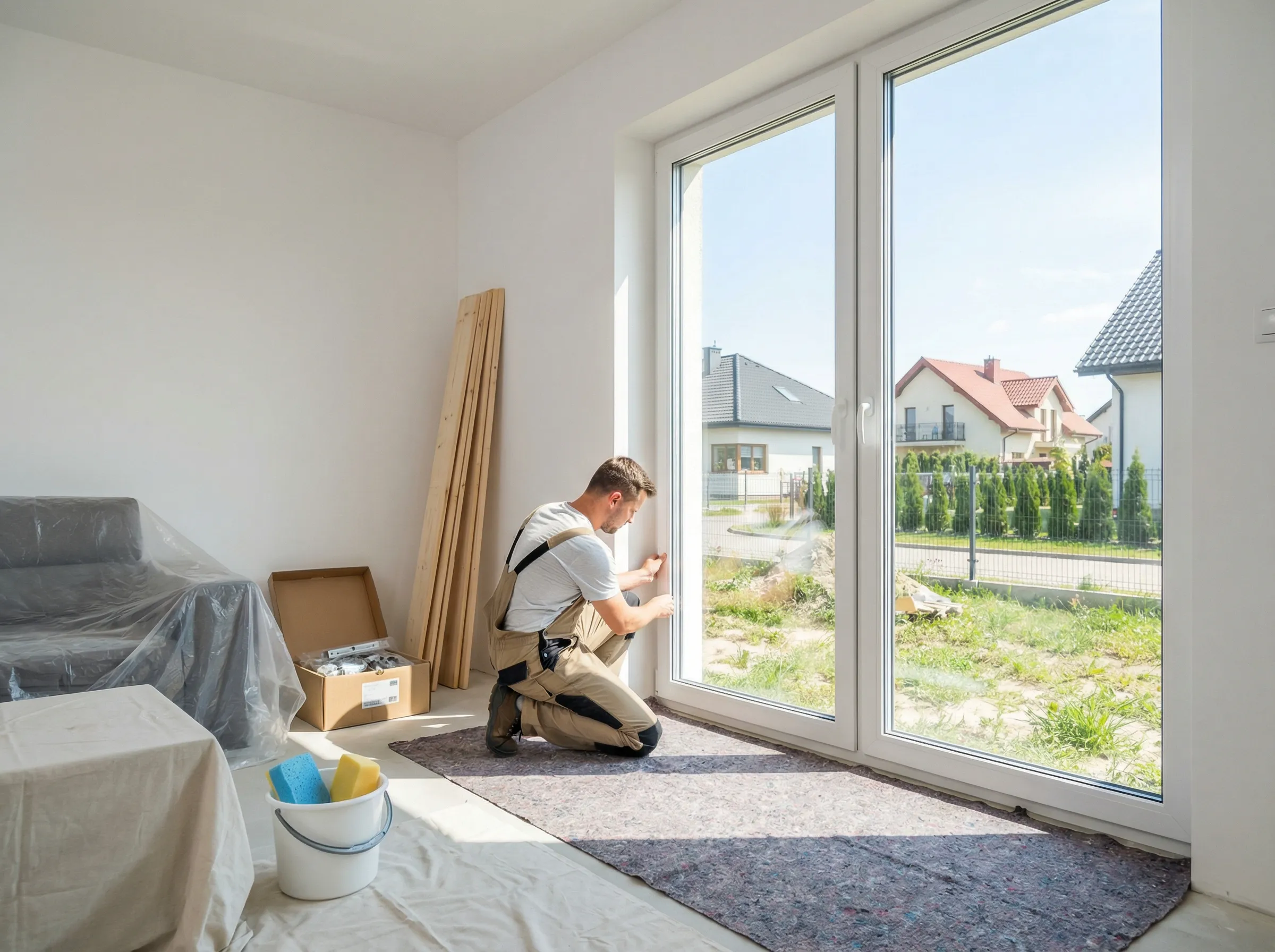 Handwerker installiert eine große Fensterfront in einem modernen Raum