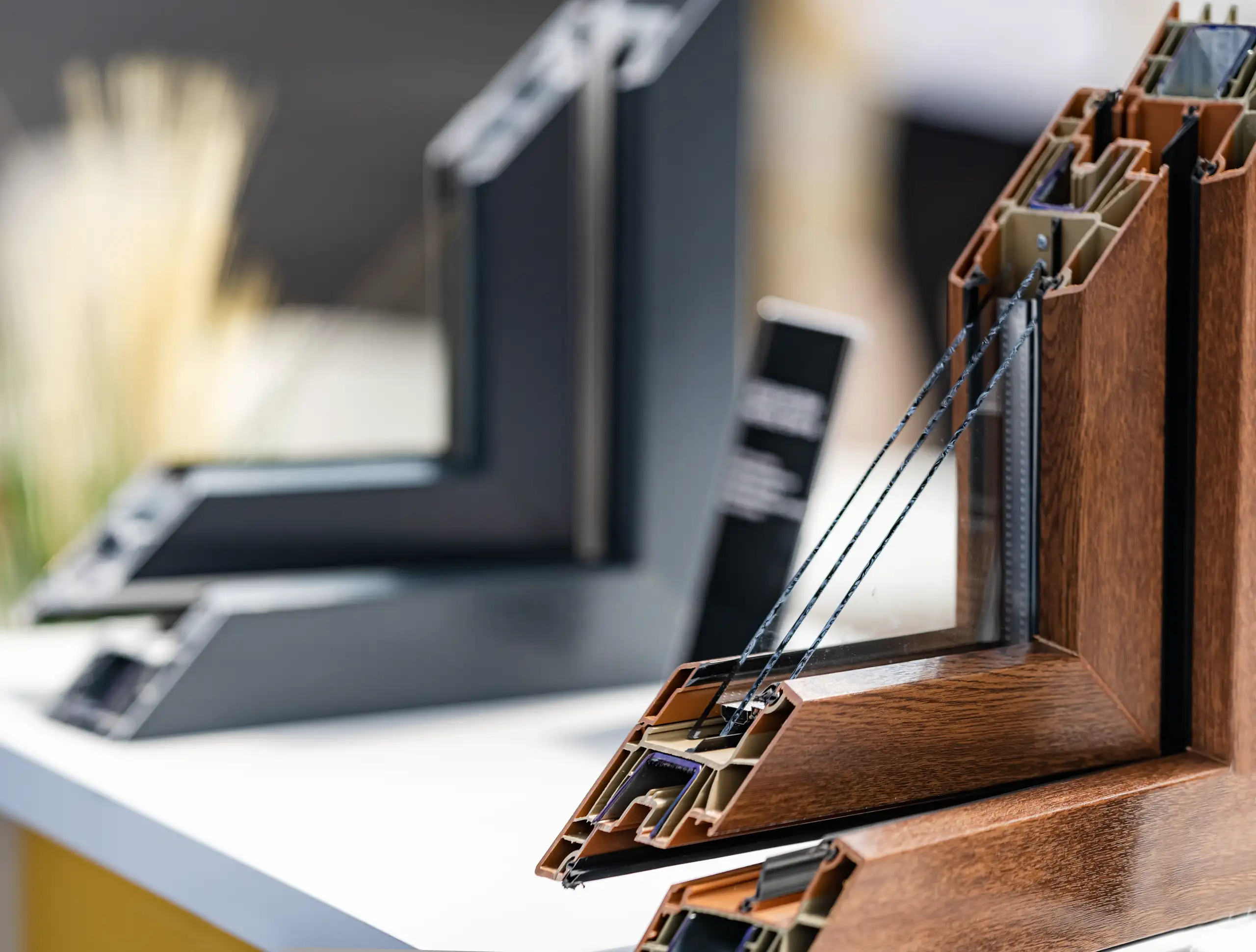 Verschiedene Fensterprofile aus PVC und Aluminium in einer Ausstellung
